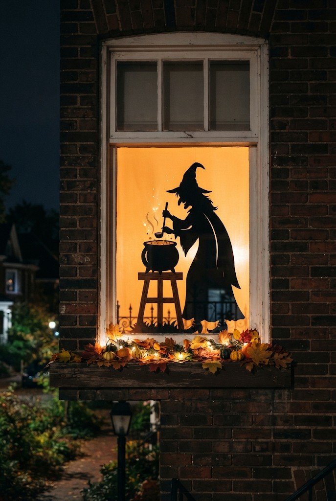 Witch silhouette with a cauldron in a window glowing orange at night
