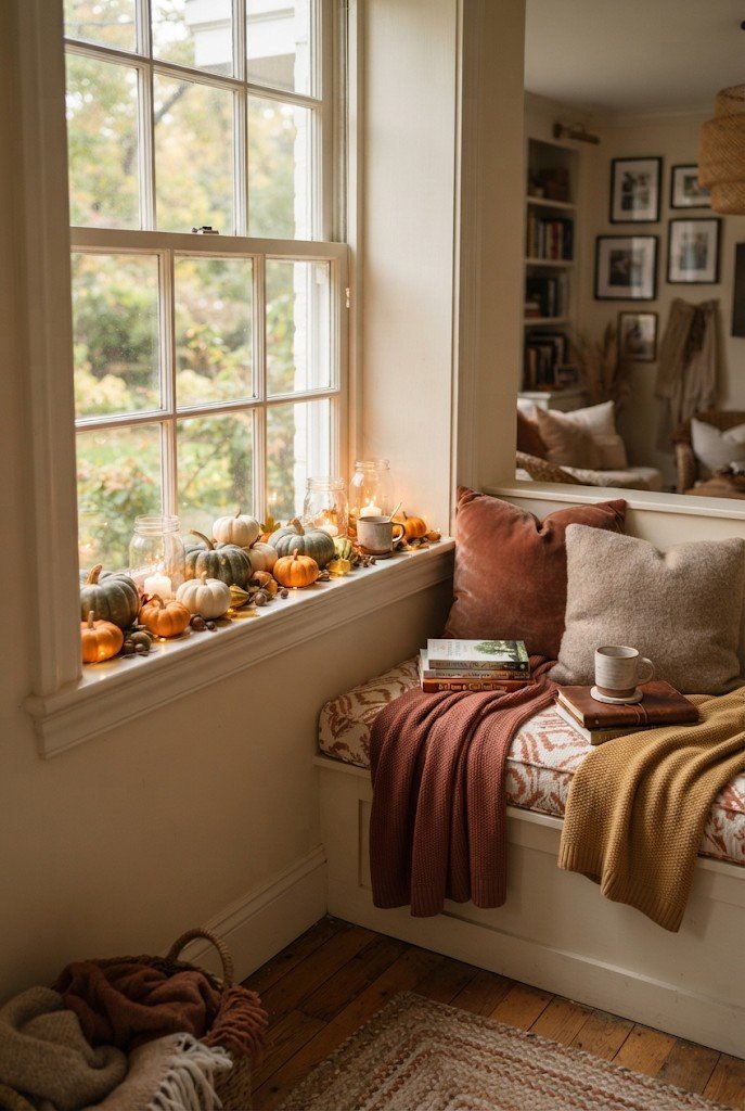 Mixed pumpkins and tea light jars on a wide windowsill