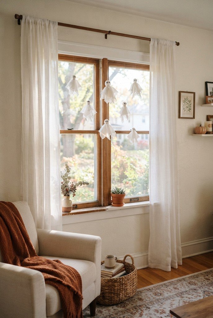 Small fabric ghosts hanging from a curtain rod in a bright window