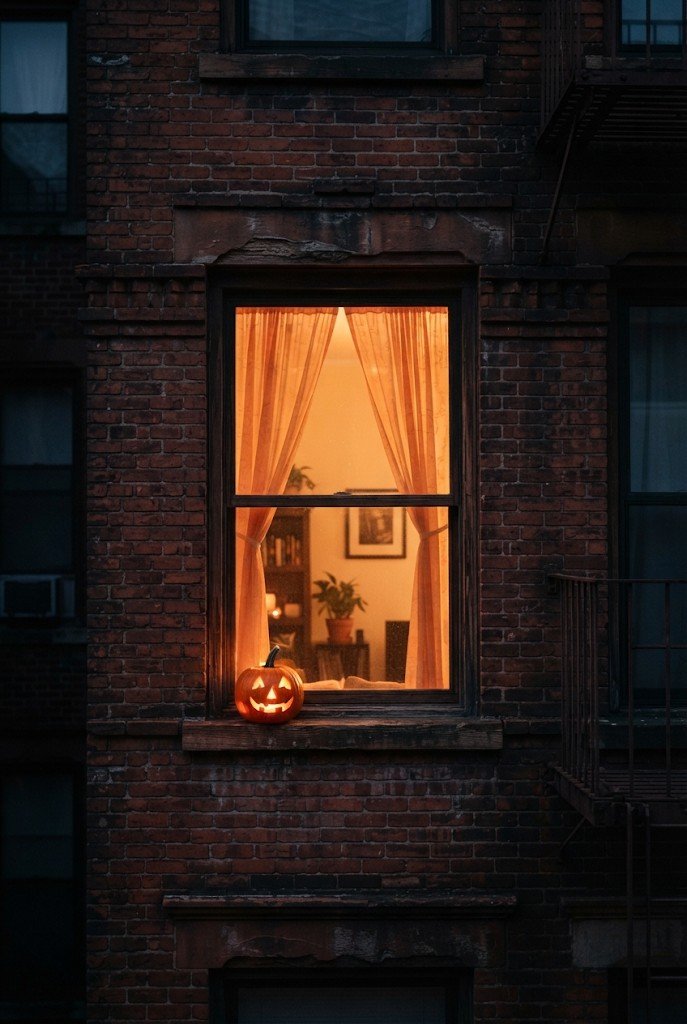 Orange sheer curtains glowing from inside at night