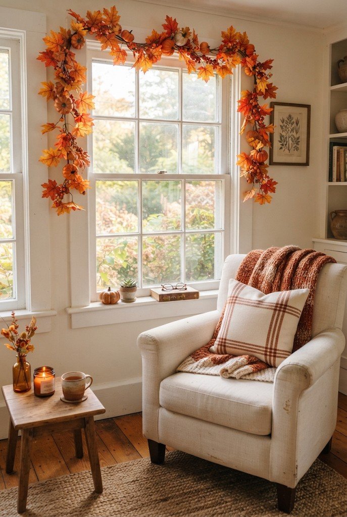 Faux fall leaf and mini pumpkin garland draped over a window frame
