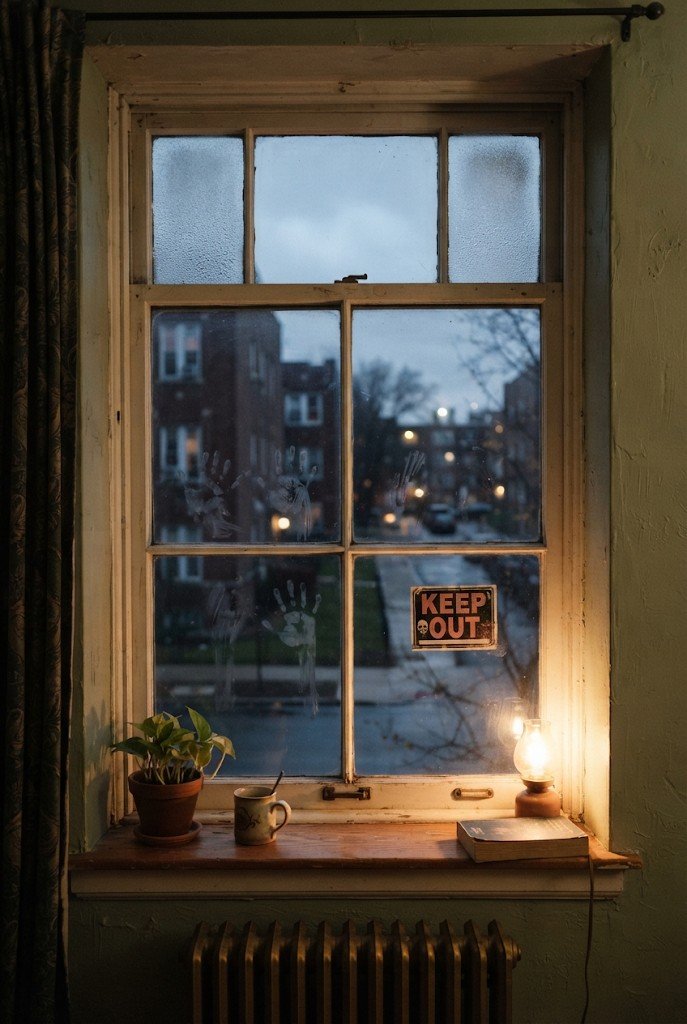 Frosted window corners with creepy handprints and a 'Keep Out' sign