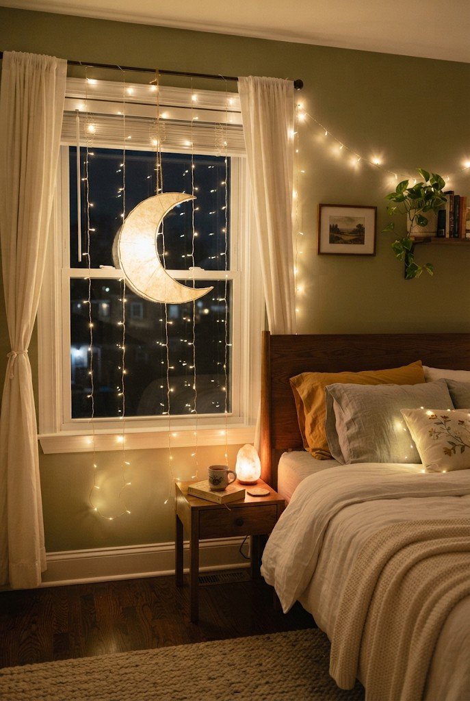 Fairy light curtain with a paper moon in a bedroom window at night