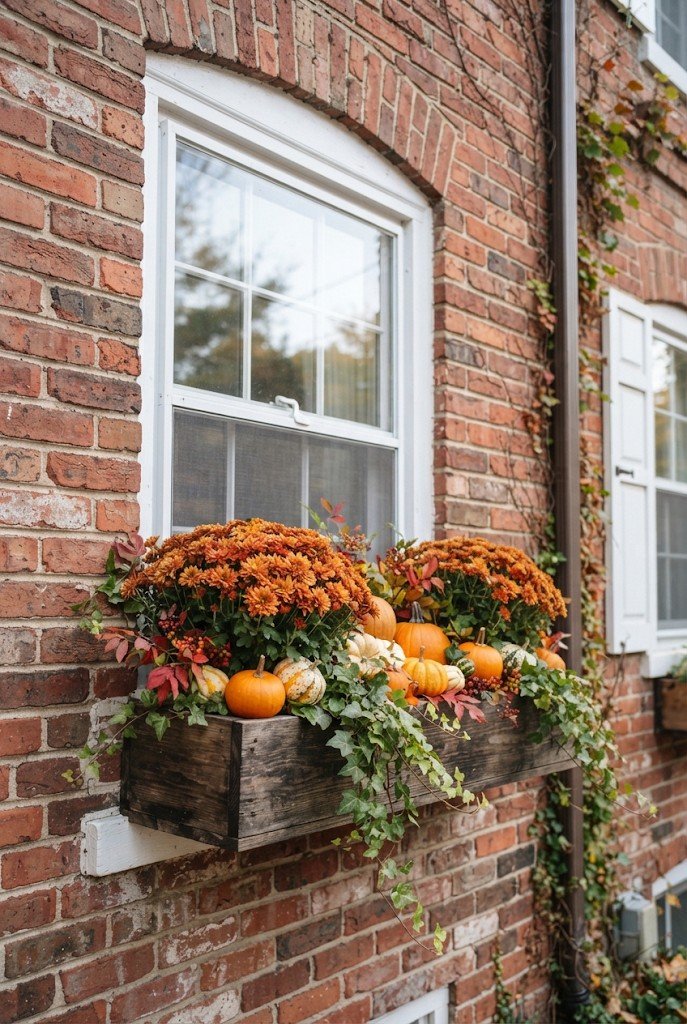 Exterior window box filled with mums, mini pumpkins and gourds