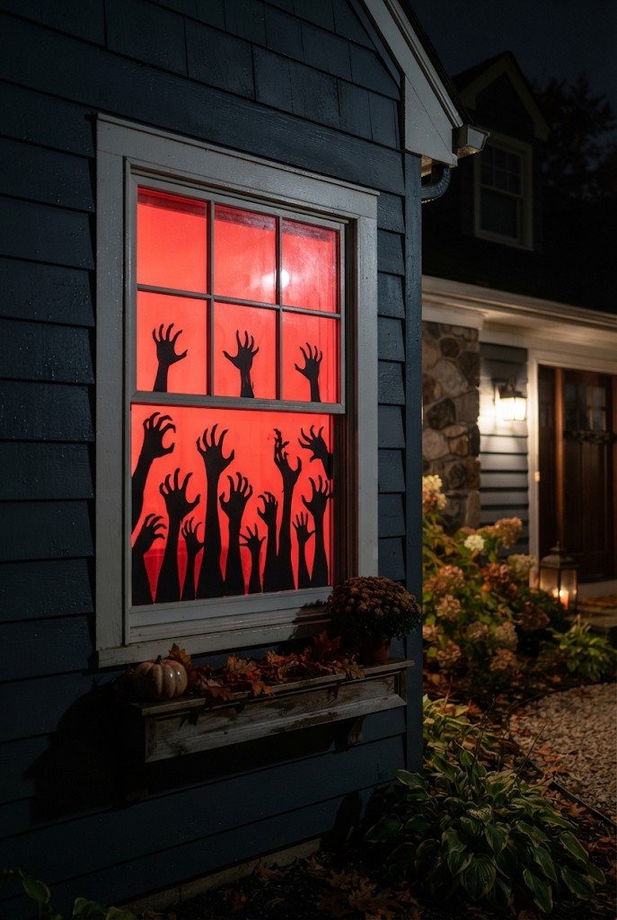 Black paper zombie hands reaching up a window at night