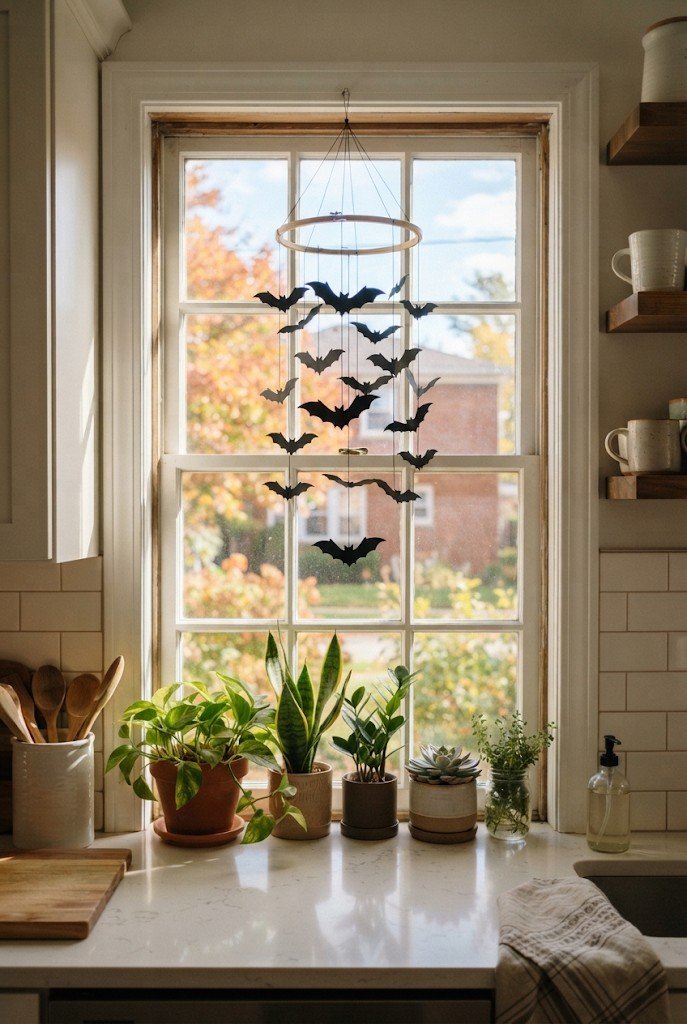 Paper bat mobile hanging in a bright window