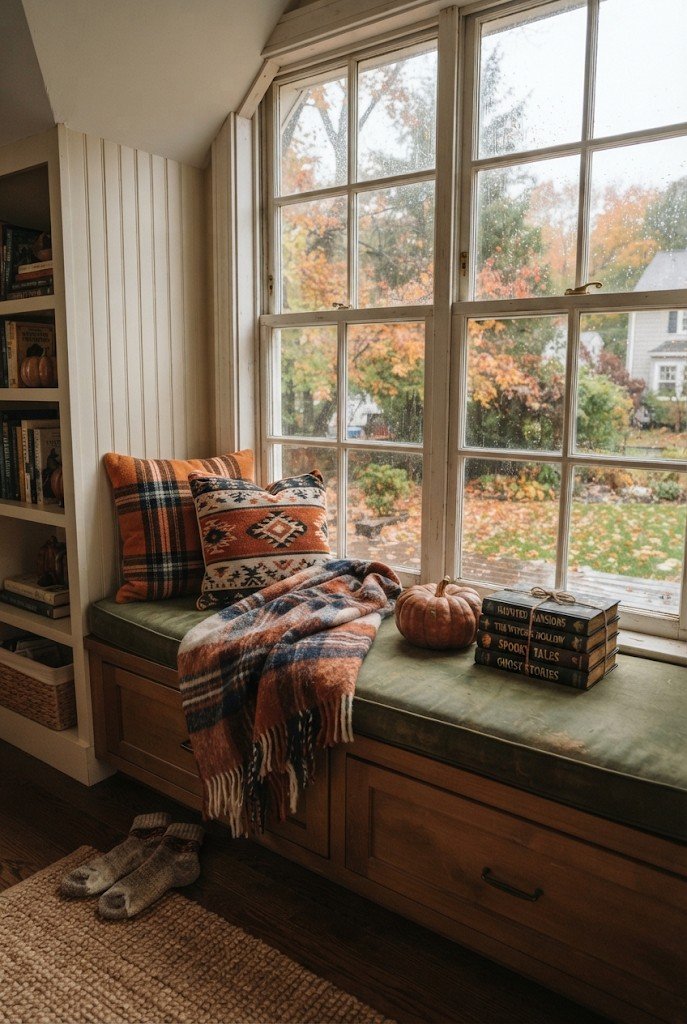 Cozy window seat with Halloween pillows, blanket and pumpkin