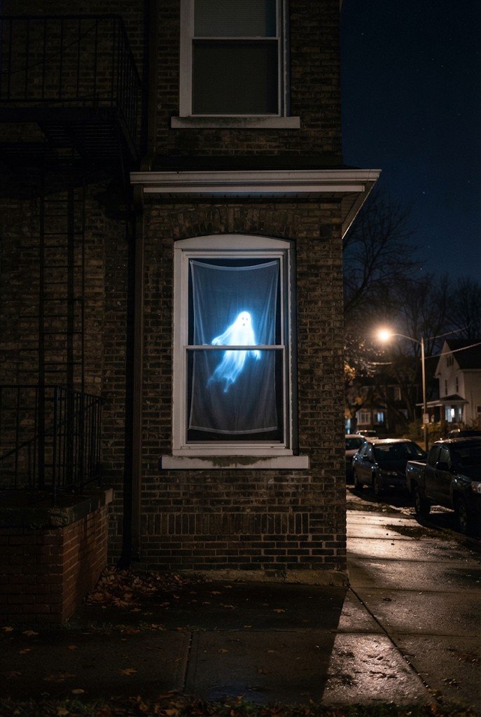 Window with projected ghost animation on a sheer screen at night