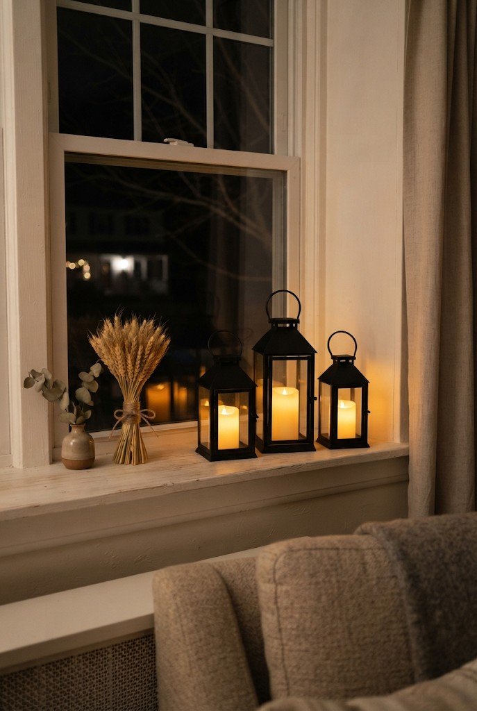 LED candle lanterns grouped on a window sill