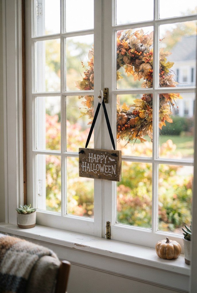 Wooden Happy Halloween sign hanging in a window