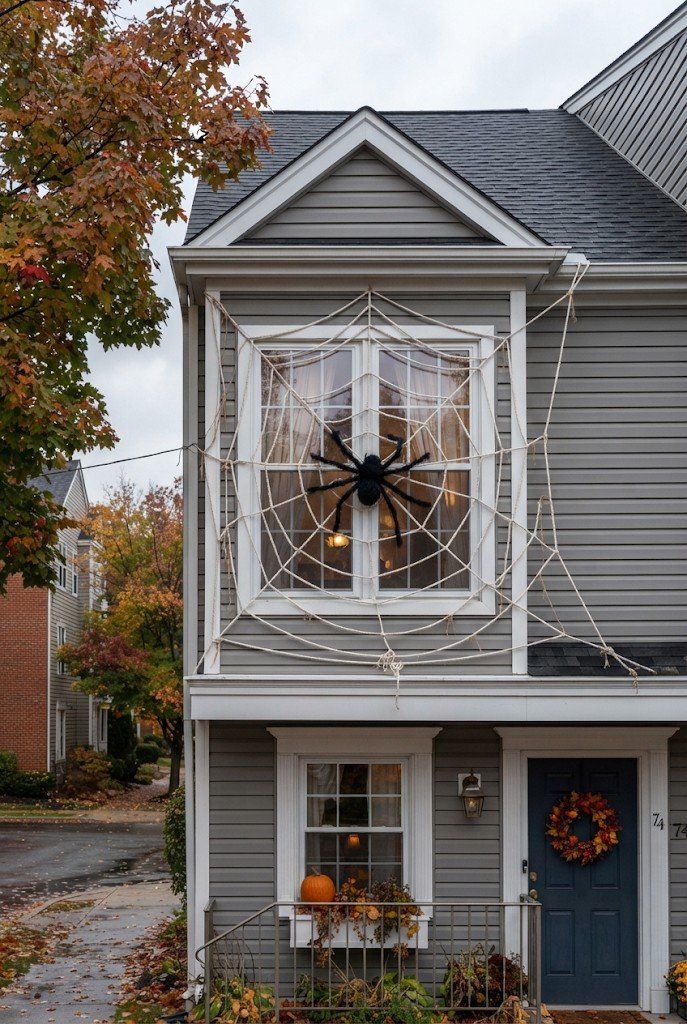 Giant rope spiderweb with a large spider across an exterior window