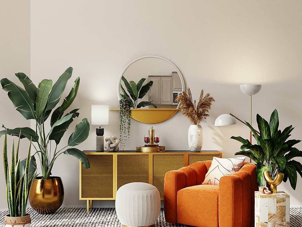 Warm earthy toned living room with beige sofa and wood accents