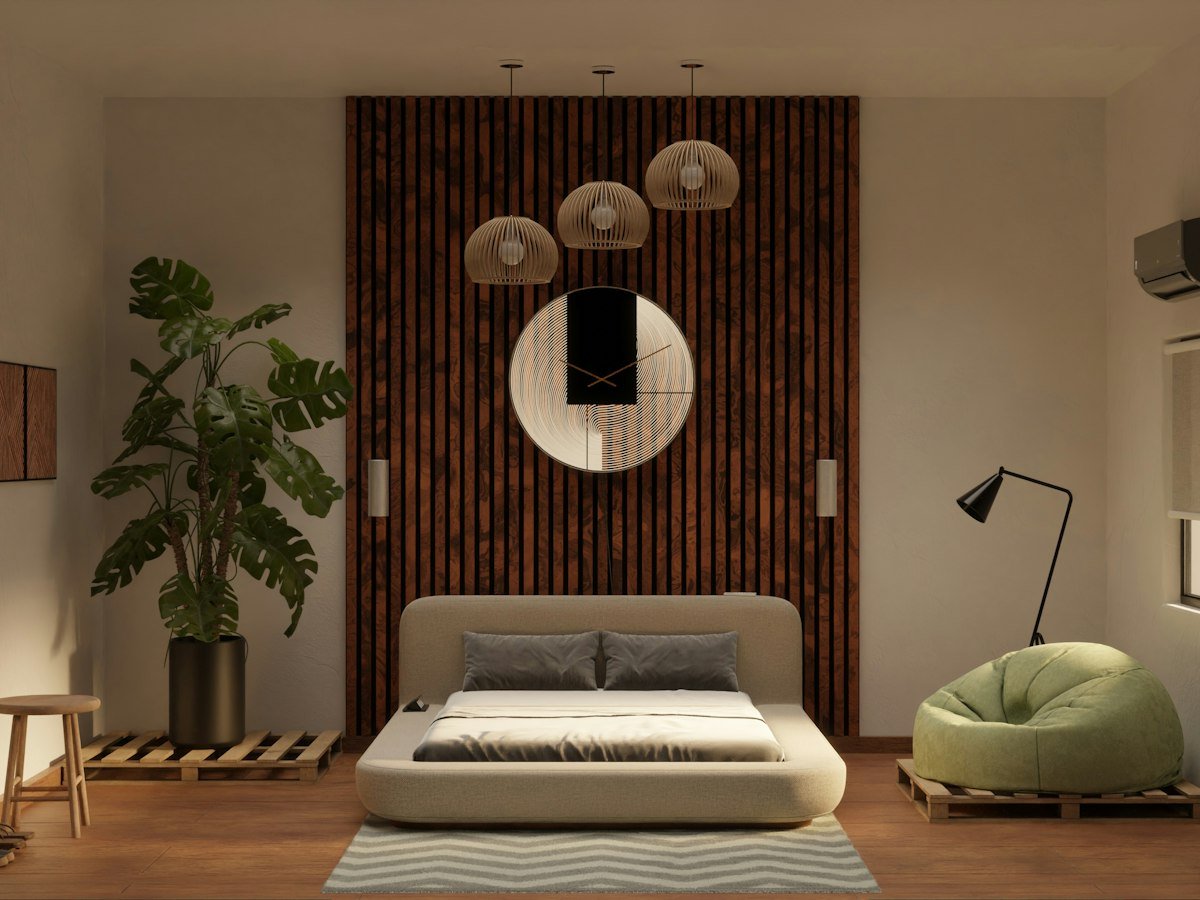 Japandi style room with low wooden furniture and neutral tones