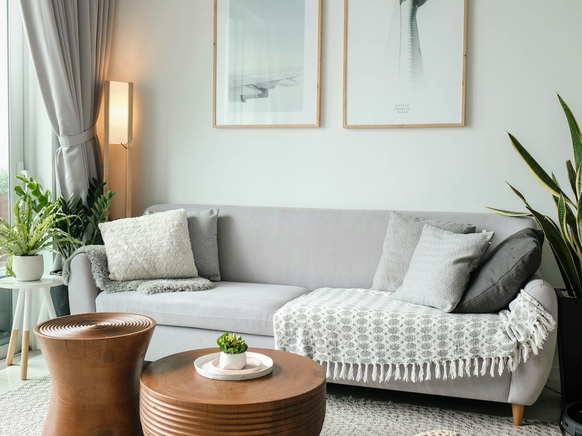 Cozy minimalist living room with soft textures