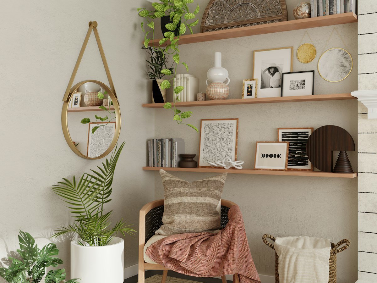 Floating wall shelves used for storage and decor