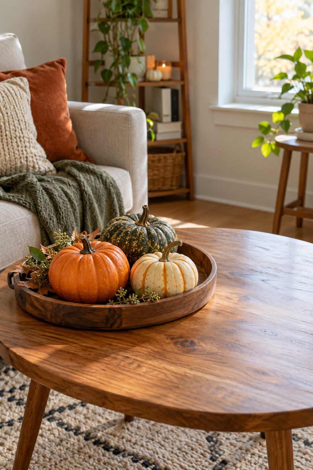 Three small pumpkins grouped on a coffee table tray