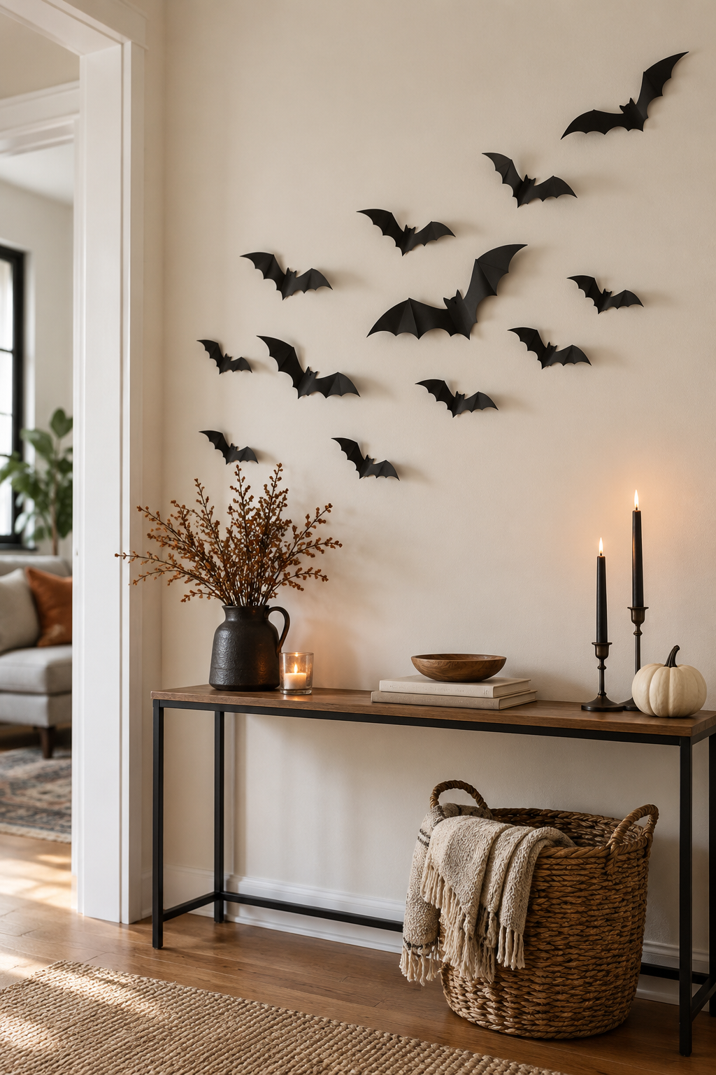 Black paper bats arranged above a slim console