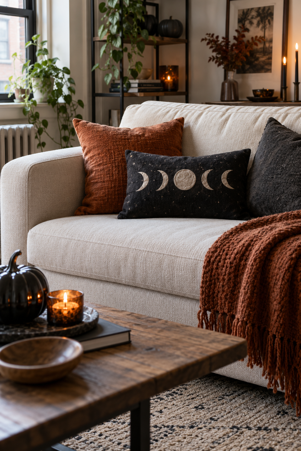 Rust and charcoal Halloween cushion covers on a compact sofa