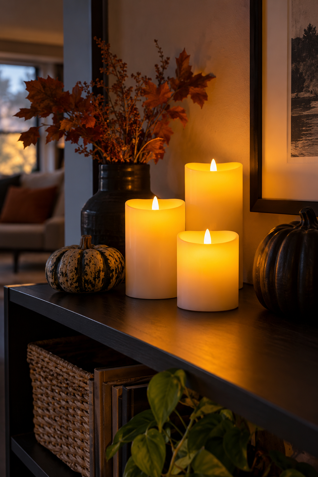 Warm LED pillar candles on a dark shelf