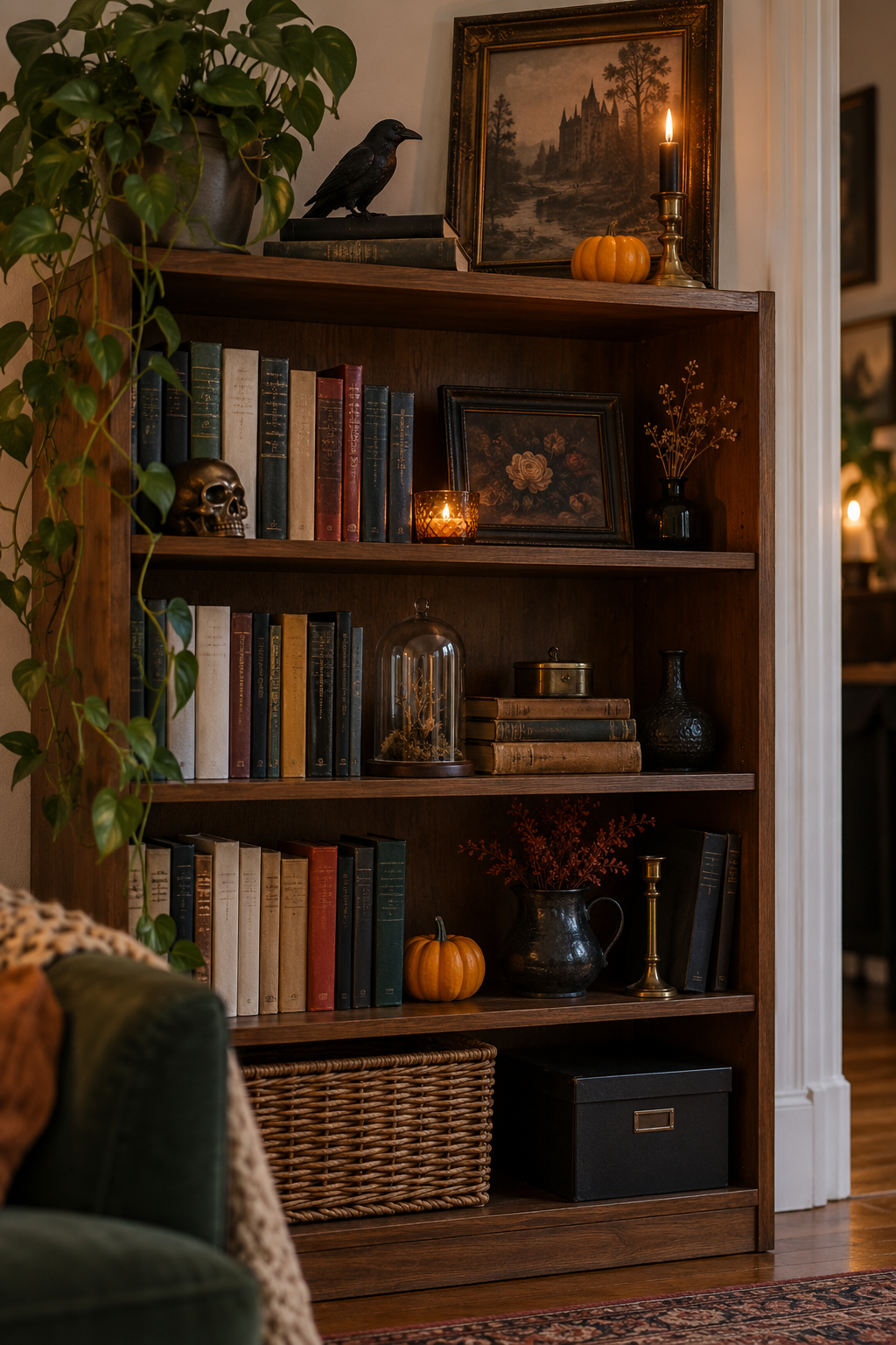 Bookshelf with a raven ornament and small pumpkins