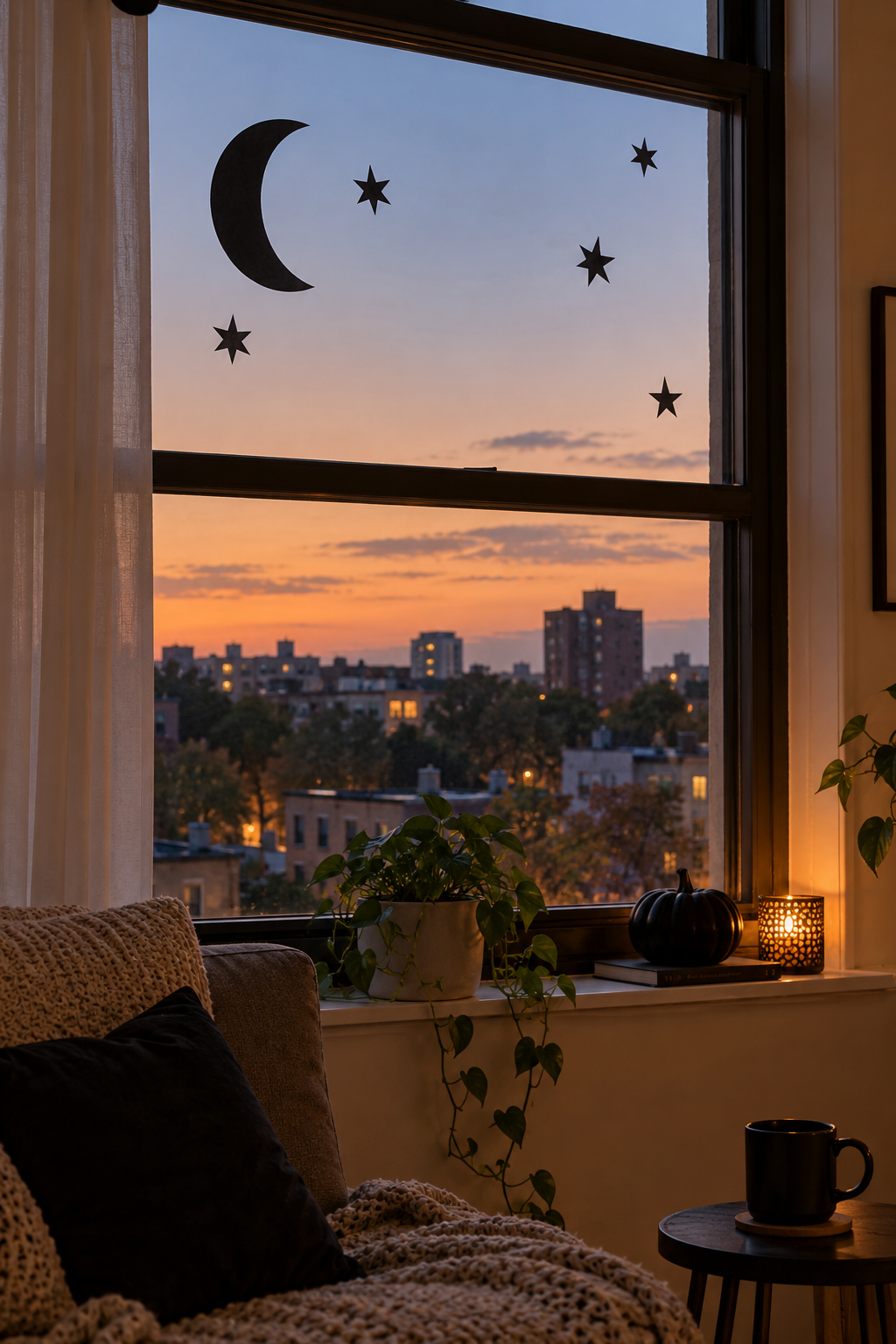 Paper moon and stars decorating an apartment window