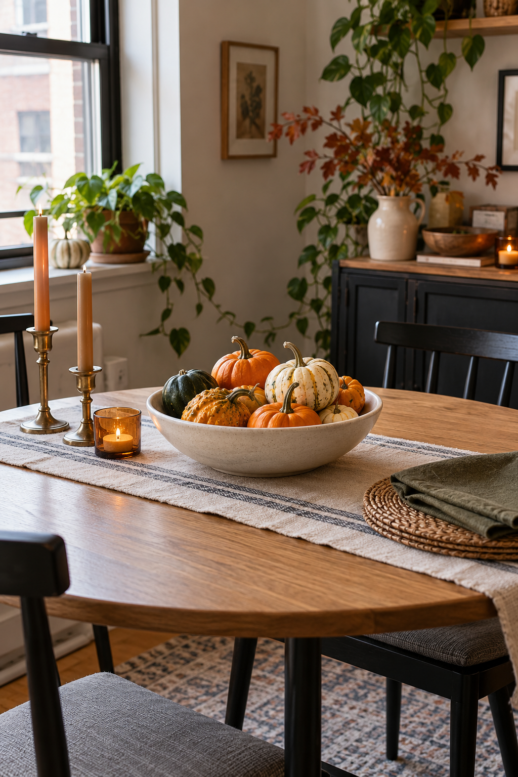 Small decorative gourds in a shallow dining table bowl