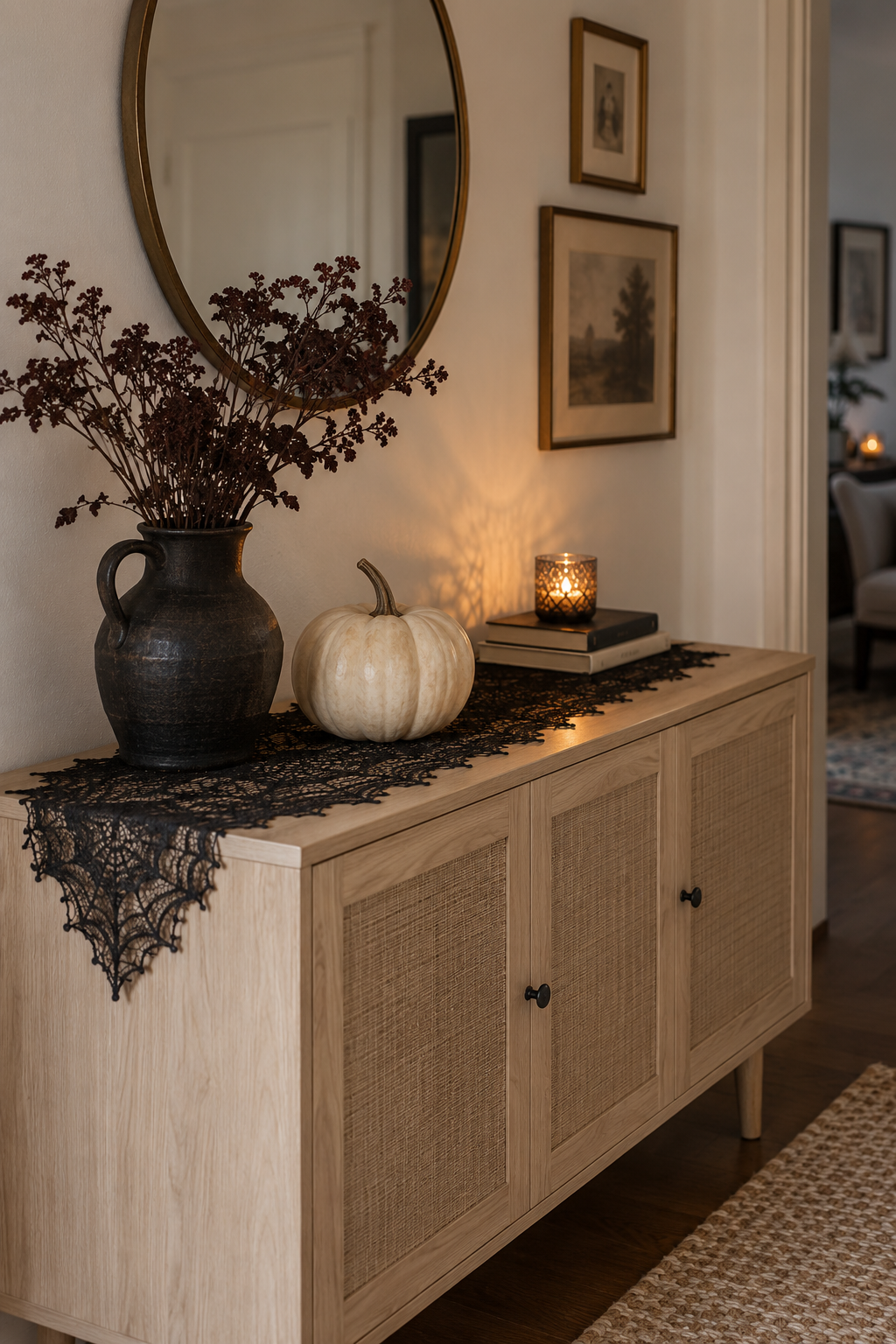 Black lace runner and cream pumpkin on a pale sideboard