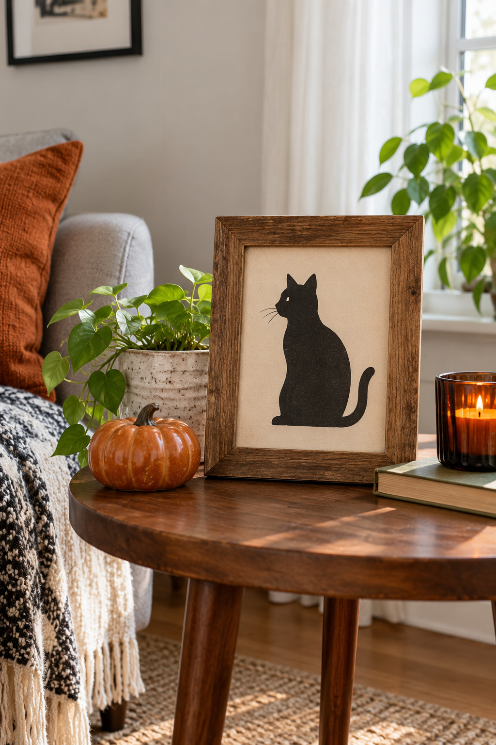 Framed black cat silhouette on a side table