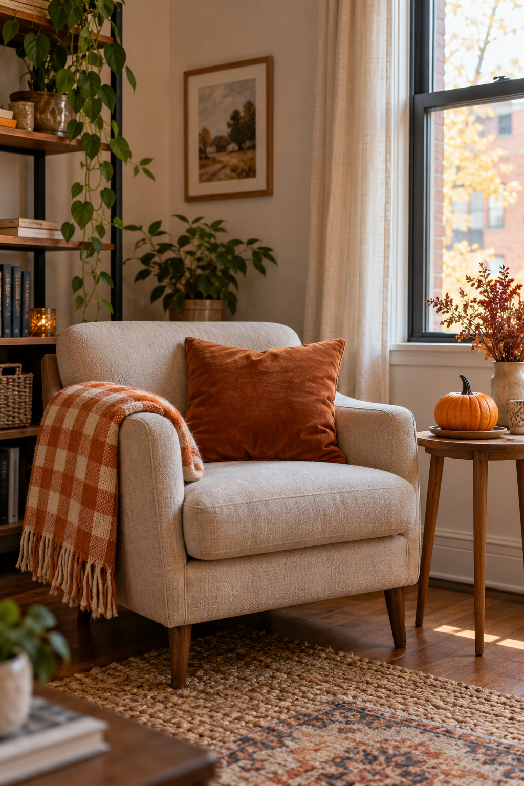 Reading chair with a checked orange throw