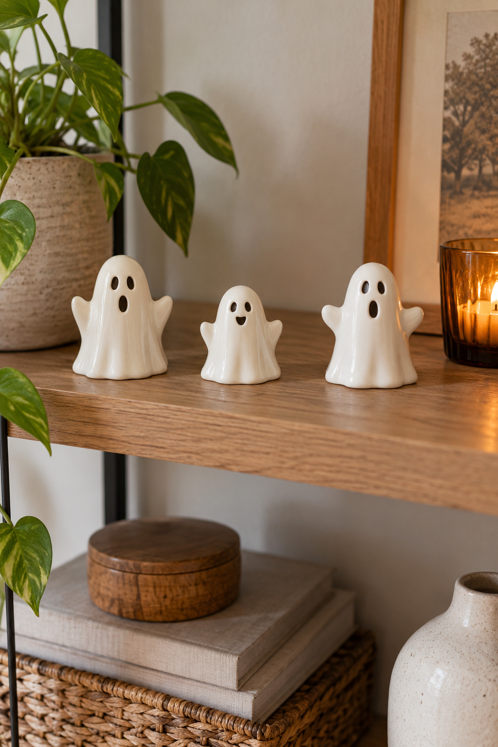 Small white ghost ornaments spaced on a shelf