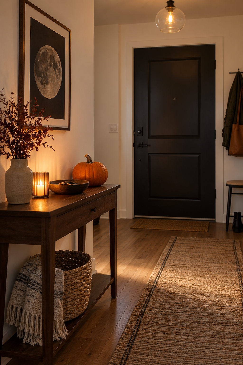 Apartment entry console with pumpkins and a key bowl