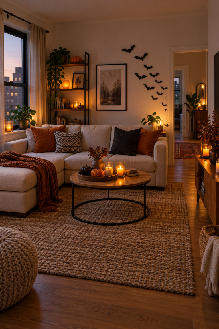 Cozy apartment living room with warm Halloween colors and paper bats