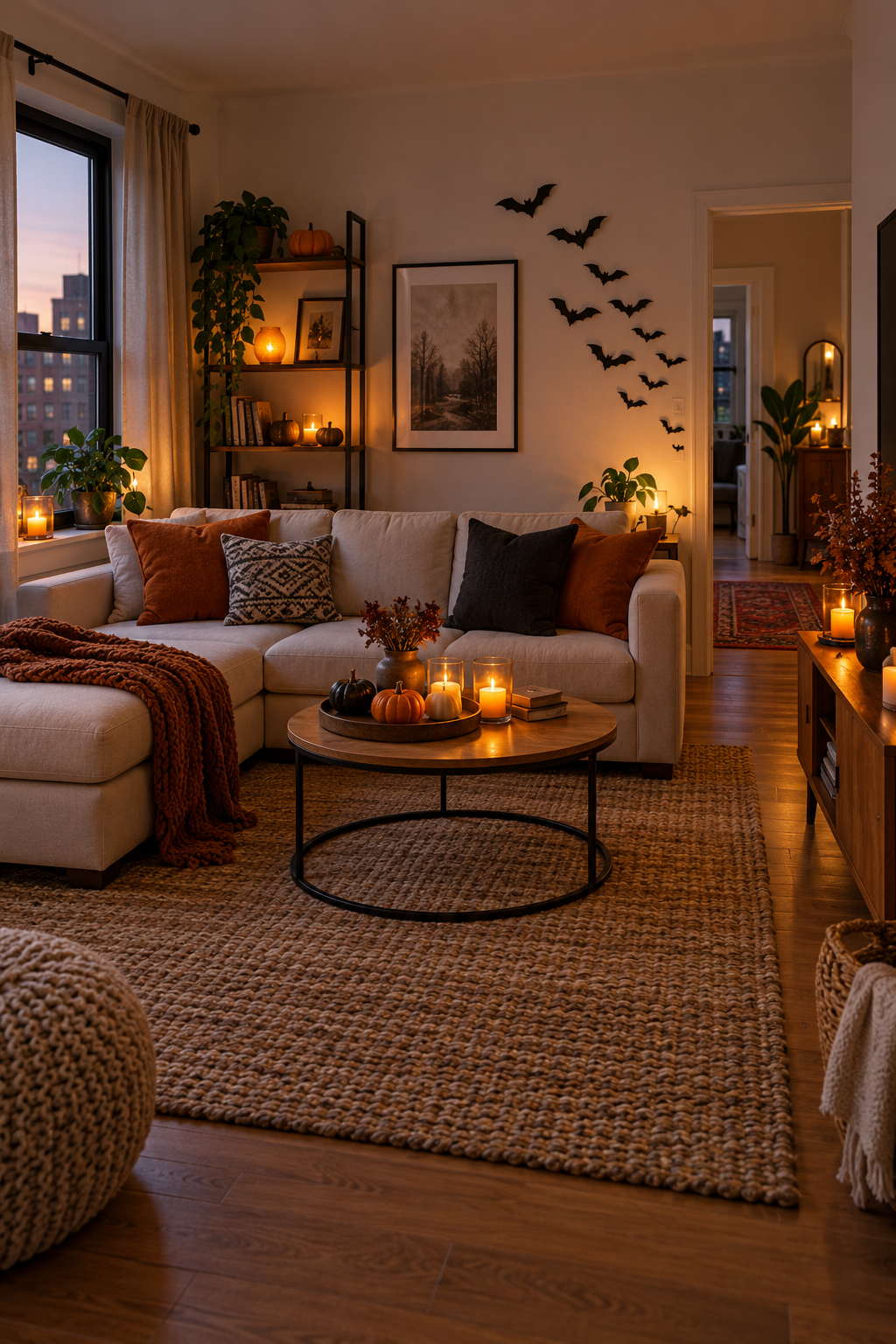 Cozy apartment living room with warm Halloween colors and paper bats