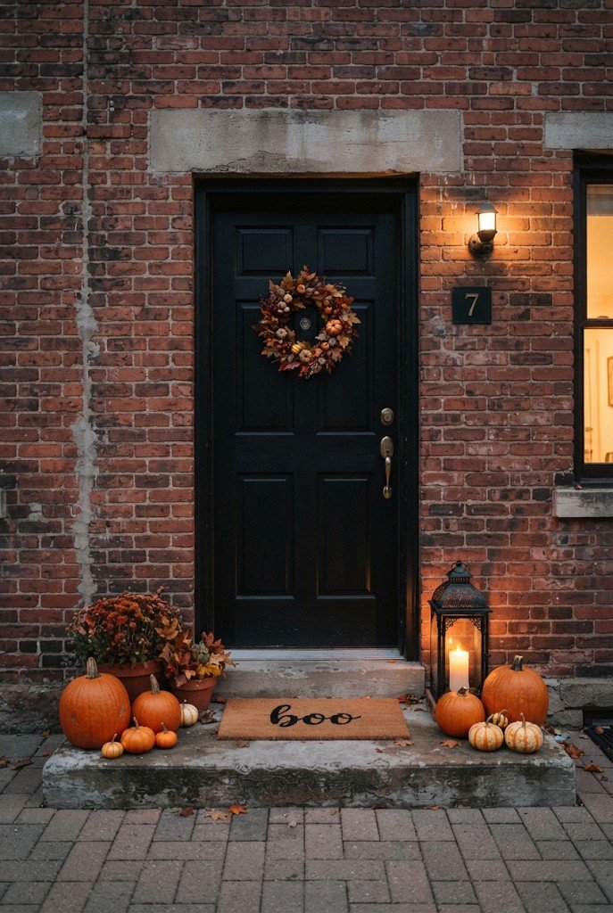 Apartment front door with grocery-store pumpkins stacked on both sides and a lantern