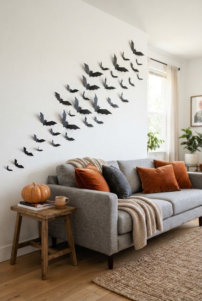 Black paper bats flying across a white living room wall above a sofa