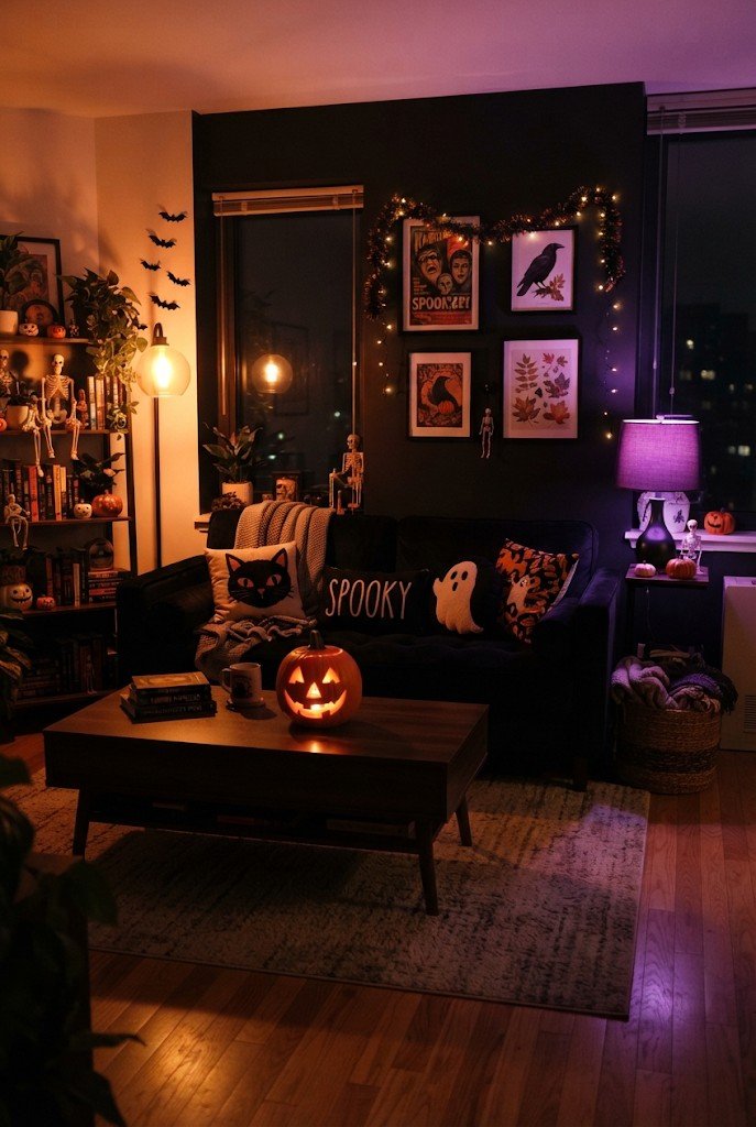Living room glowing with orange and purple lamp light at night
