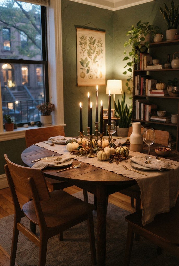 Dining table with black taper candles in brass holders and small gourds