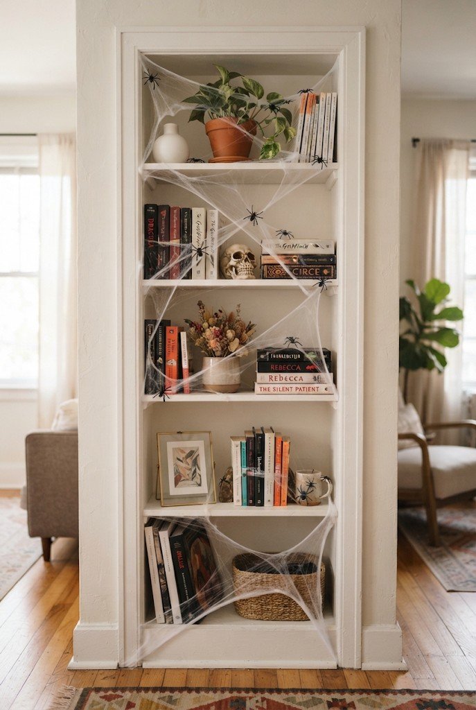 Bookshelf draped with stretched fake cobwebs and small spiders