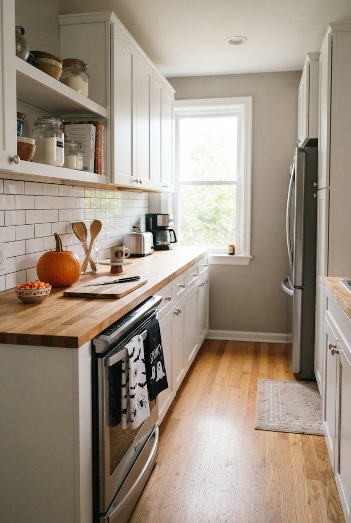 Small apartment kitchen with Halloween tea towels and a pumpkin on the counter
