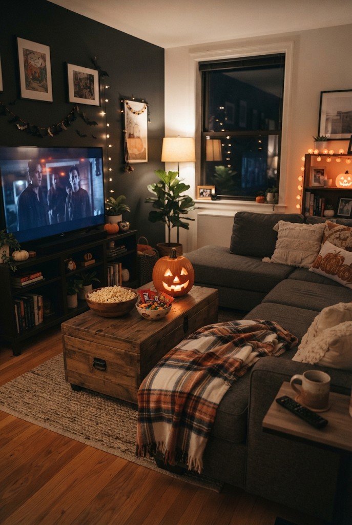 Cozy Halloween movie night corner with blanket, popcorn and candy