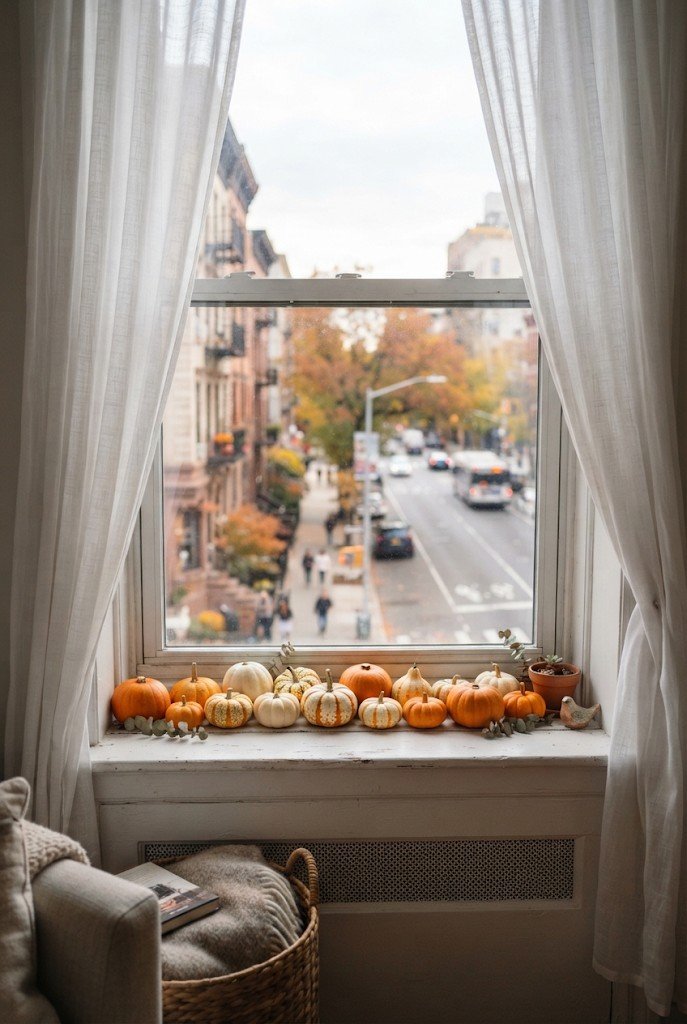 Row of mini pumpkins on an apartment windowsill