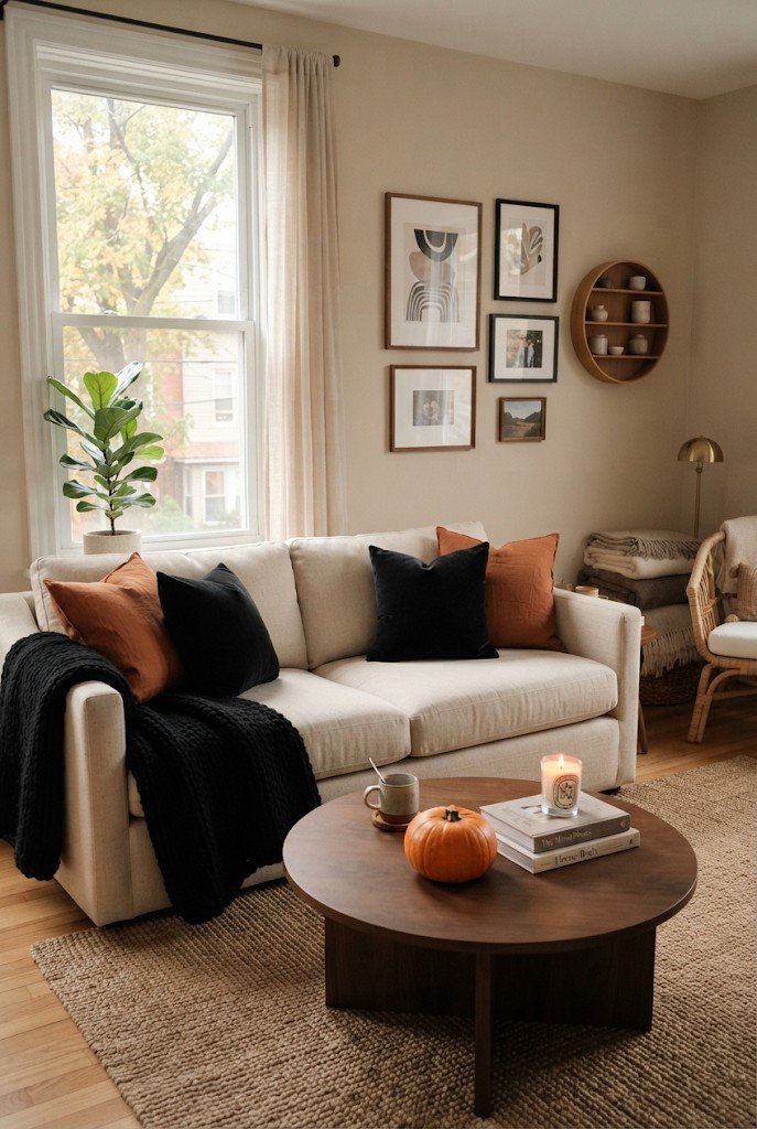 Neutral sofa styled with black and orange throw pillows and a knit blanket