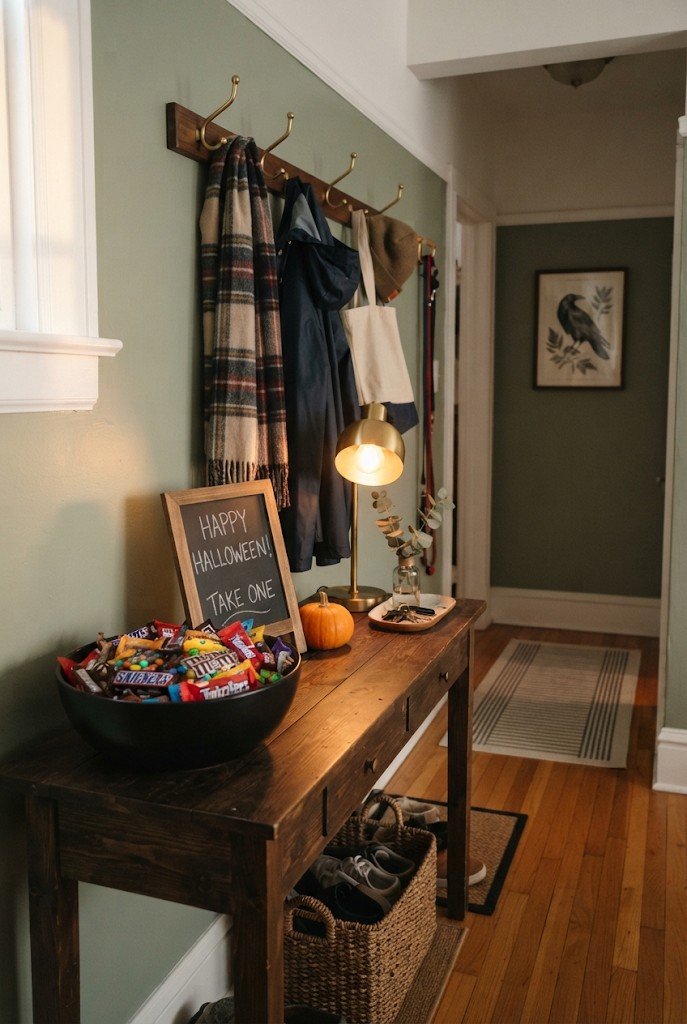 Entry console with a big Halloween candy bowl and a small sign