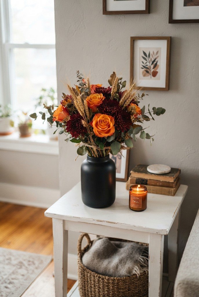 Orange and burgundy grocery-store flowers in a black vase on a table
