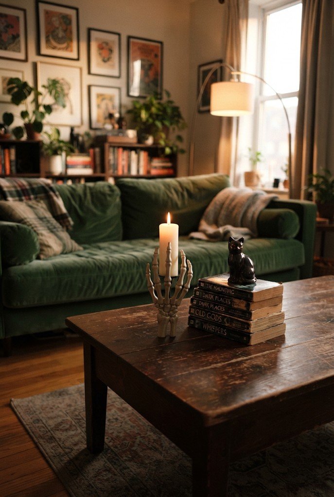 Plastic skeleton hand holding a candle on a coffee table