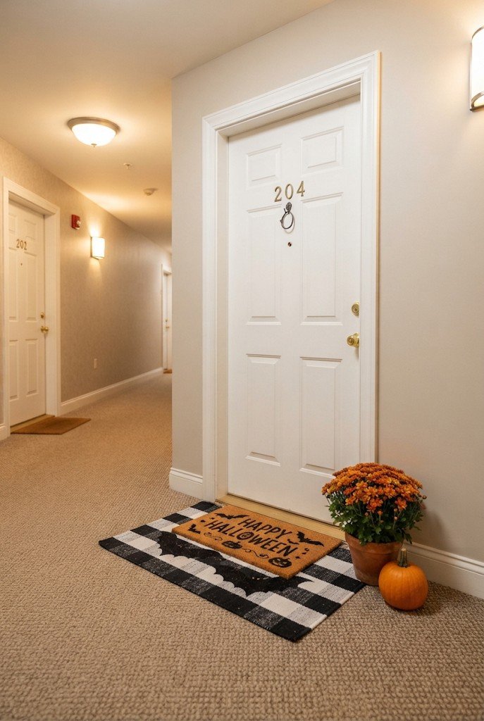 Halloween doormat in front of an apartment door in a hallway