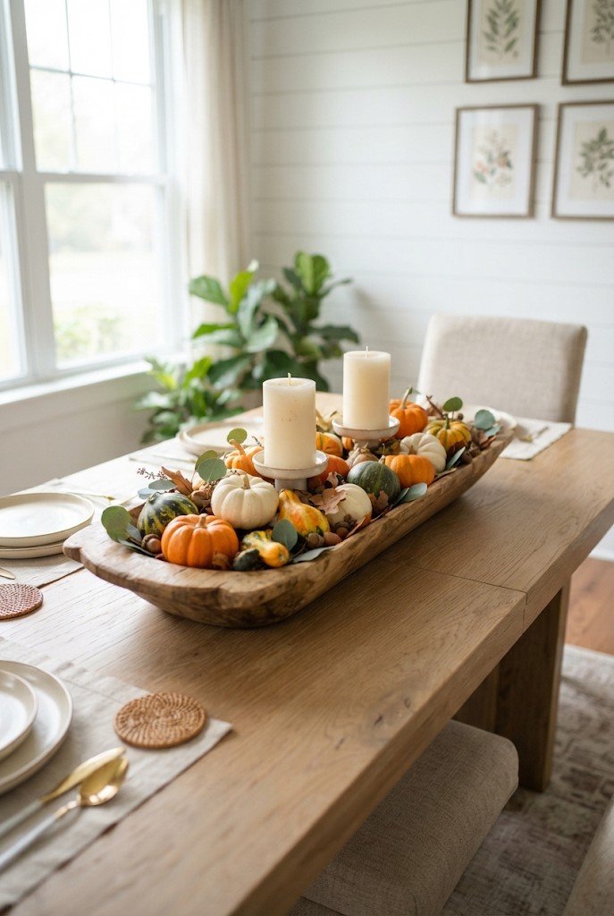 Wooden dough bowl filled with mini pumpkins and candles