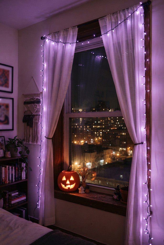 Purple string lights draped on a curtain rod at night