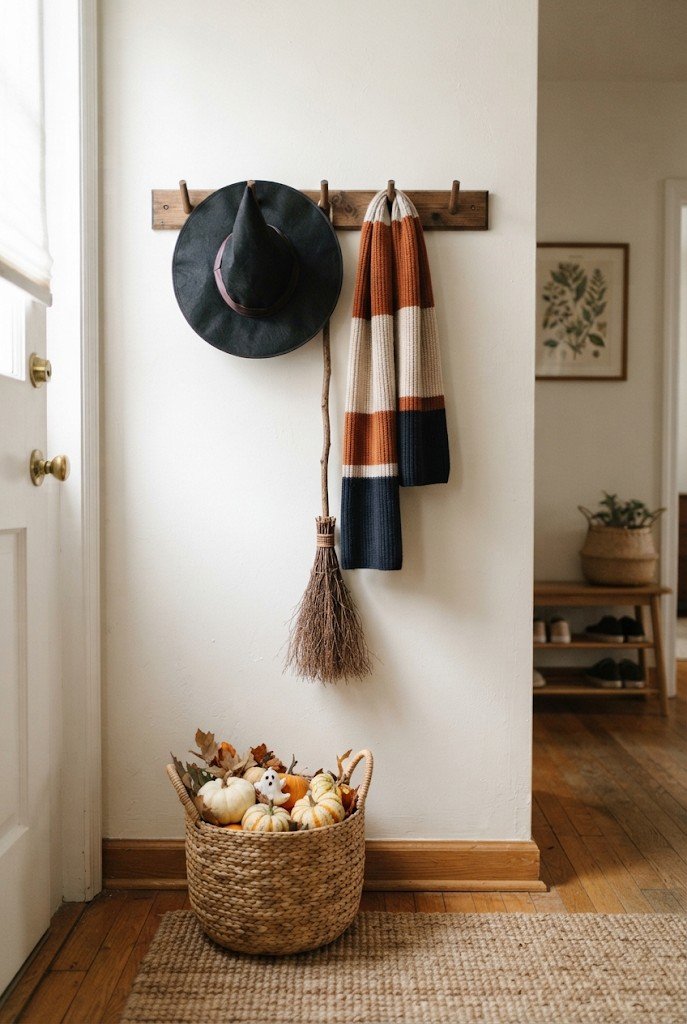 Witch hat and broom hanging on hooks by an apartment door