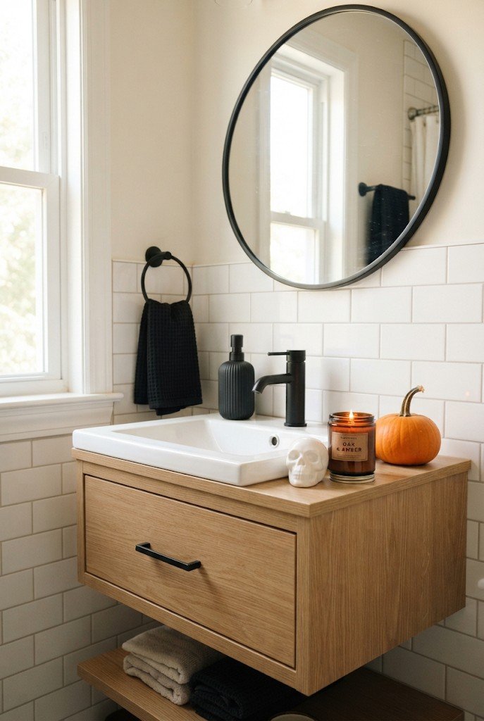 Bathroom vanity with black towels, a skull figurine and a candle
